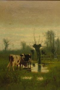 Cattle Watering By A River With Woodland by William Frederick Hulk