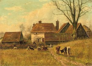 Cattle Grazing By The Cottages by William Frederick Hulk