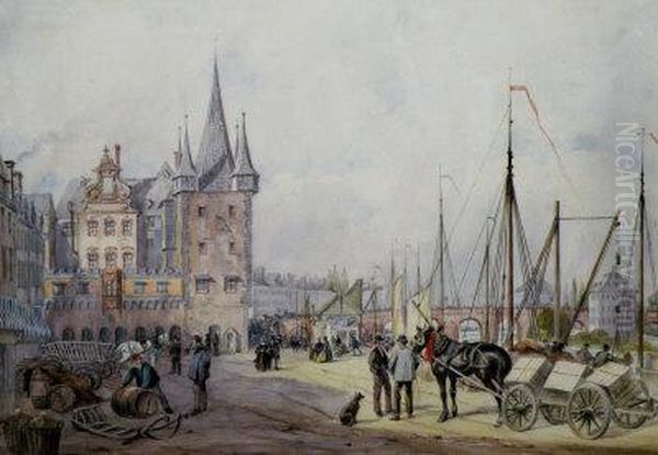 Figures At A Quayside In A Continental Town - view 1
