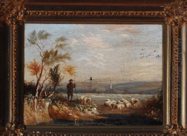 A Shepherd And Flock By A Pool With A Village And Its Church In The Distance - view 1