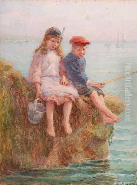 Children Fishing Off A Rock - view 1