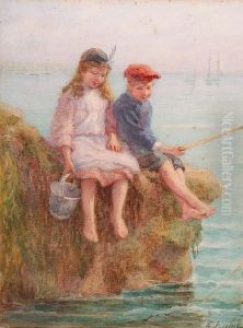 Children Fishing Off A Rock by Edith Hume