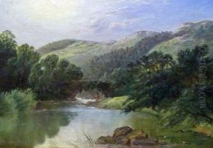 Welsh Mountain Landscape With Angler by Frederick William Hulme