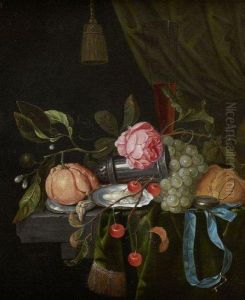 Nature Morte A La Montre, Saliere En Argent, Fruits Et Fleurs Surun Entablement