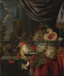Still Life Of Grapes And Peaches In A Blue And White Porcelain Bowl, A Peeled Lemon, Plums And Cherries On A Pewter Plate, With Glasses And Other Fruit On A Draped Table, A Landscape Beyond by Gillis Jacobsz. Hulsdonck