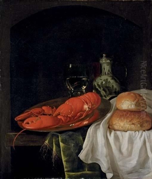 A Lobster On A Pewter Plate, A Roemer Of Wine, A Porcelain Jug And Two Bread Rolls On A White Cloth, On A Partly-draped Wooden Table In A Niche


Lot Title - view 1
