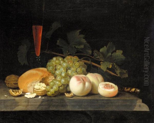 A Still Life With Peaches, Grapes, Walnuts, Bread, A Half Filled Flute, Vine Leaves And A Knife Handle On A Stone Ledge - view 1