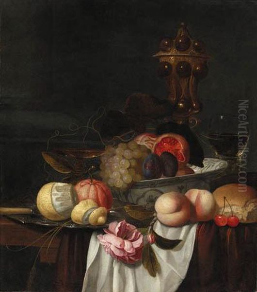 Grapes, Pomegranates And Plums In A Wanli 'kraak' Porselein Bowl,an Orange And A Partly Peeled Lemon On A Pewter Plate, Peaches,cherries, Bread, A Rose, A Roemer, A Silver-gilt Cup And Cover Andtazza On A Draped Ledge - view 1