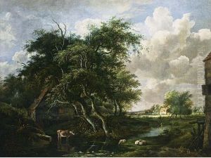 A Wooded Landscape With Houses, Sheep And A Cow Near A Stream, And Two Shepherds Paddling Beyond by Jan Hulswit