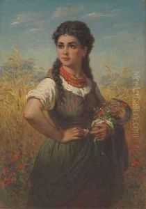 Junge Bauerin Mit Wiesenblumenstraus Und Handsichel Vor Kornfeld