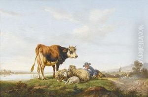 Idyllische Landschaft Mit Hirten, Rind Und Schafen by Charles Humbert