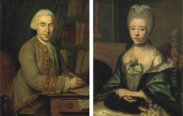 Portrait Of Jean Daniel De Loches (1731-1794), Half-length, In AGold-embroidered Green Coat With A White Jabot, Seated At A WritingDesk; And Portrait Of Maria Josina Baldina Van Oldenbarnevelt(1740-1792), In A White Silk Dress With A Fur-lined Blue Wra - view 1