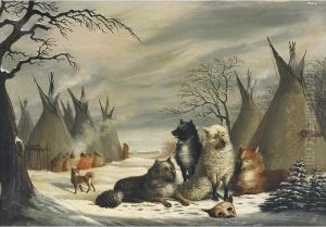 Indian Encampment With Dogs At Rest by Joseph Julius Humme