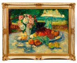 Stillleben Mit Blumenvase Und Fruchten Auf Einem Gartentisch by Theodor Hummel