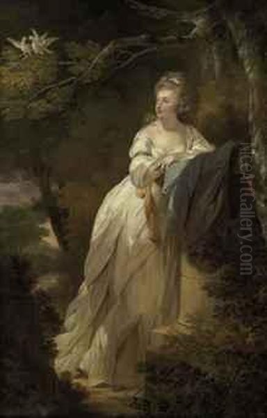 Portrait Of A Lady, Full-length, In A White Dress, Leaning On Apedestal By A Tree With Two Doves - view 1