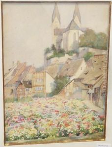 Continental Town With Flower Garden To The Foreground by Thomas Hunt