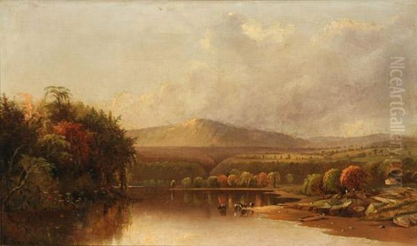 Autumn River Landscape With Cows Watering - view 1