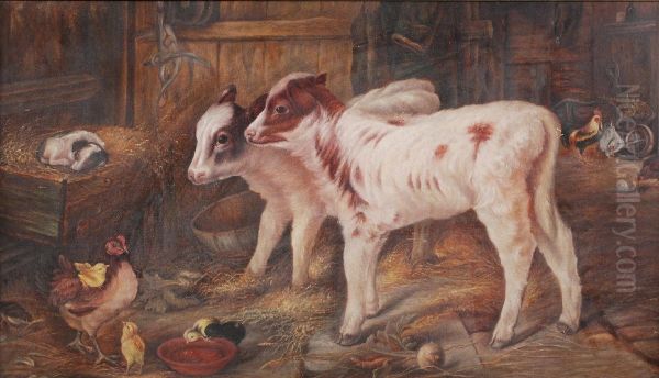 Calves And Poultry In A Barn - view 1