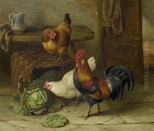 Chickens And A Cabbage; Chickens And Chicks In A Barn - view 1