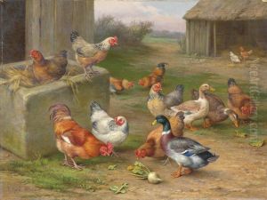 Chickens, Ducks And A Mallard In A Farmyard by Edgar Hunt