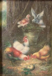 Pigeons And Domestic Fowl In A Farmyard by L. Hunt