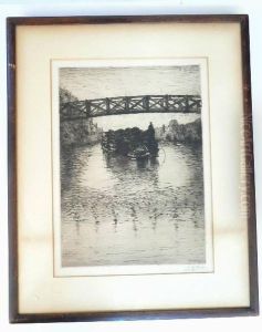 Depicting A Barge Traveling Under A Footbridge by Leigh Harrison Hunt