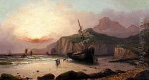 Shore Scene With Beached Fishing Boat And Fishermen