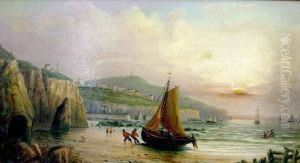 Fishermen On A Sore With A Harbour AndCliff Tops Beyond