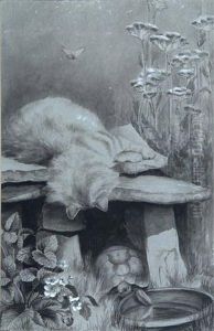 A Kitten Peering Over A Stone Ledge At A Tortoise by Muriel Hunt