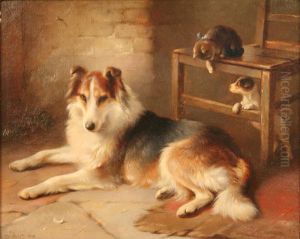 Cottage Interior With A Recumbent Rough Collie Beside A Puppy And A Kitten Playing On A Chair