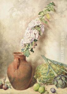 Hollyhock In An Earthenware Pot With Marrow, Artichoke, Plums And Apples