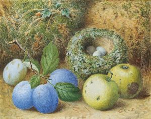 Plums, Apples And A Bird's Nest On A Mossy Bank by William Henry Hunt