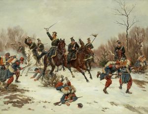 Gefecht Zwischen Reiterneines Preussischen Ulanen-regiments Und Franzosischeninfanterie-soldaten by Emil Hunten