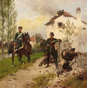 Prussian Hunter With A Mounted Hussar by Emil Hunten