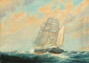 Ship At Sea - The Whaling Bark "wanderer" S & Dated L/r: F. Leo Hunter 192 O/c 14x20 by Frederick Leo Hunter