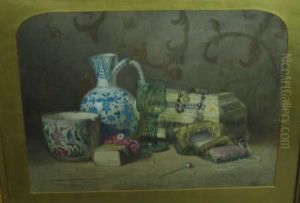 Still Life With Pincushion, 
Pottery, 
Rosary, 
And Glass by Kate Hunter