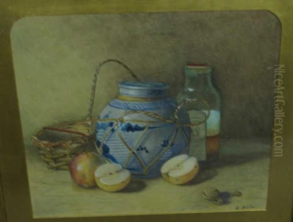 Still Life With Apples, 
Pottery And Wickerbasket - view 1