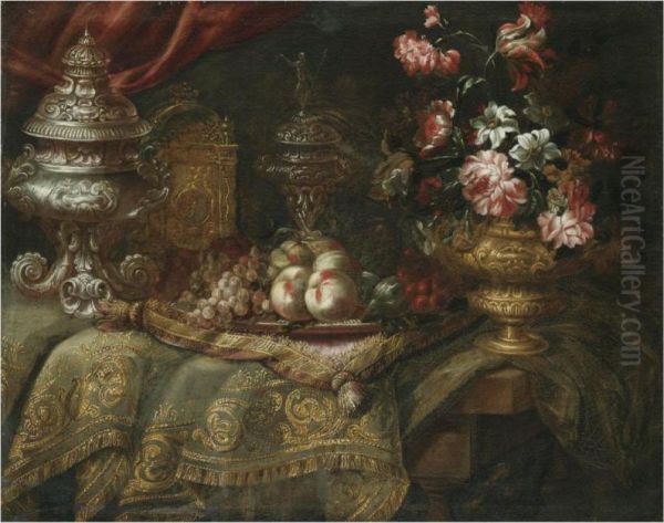 An Elaborate Still Life With Peaches, Grapes, Flowers In A Bronzeurn, A Fine Silver Tureen, All Arranged On A Table Draped With Anembroidered Carpet And Cushion - view 1