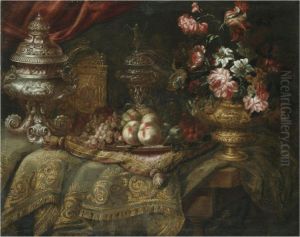 An Elaborate Still Life With Peaches, Grapes, Flowers In A Bronzeurn, A Fine Silver Tureen, All Arranged On A Table Draped With Anembroidered Carpet And Cushion by Jacques Hupin