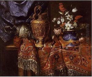 A Still Life Of A Vase Of Flowers And Ornate Urns All Resting On A Table Draped With A Carpet by Jacques Hupin