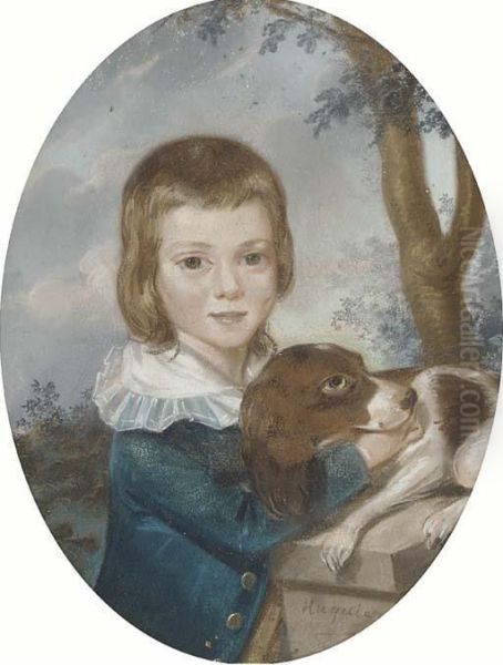 Portrait Of A Boy, Small Half-length, In A Blue Coat With Whitecollar, Standing By A Pillar, His Spaniel At His Side - view 1
