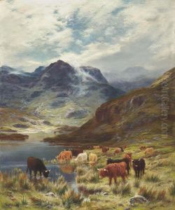 Highland Cattle Watering Beside A Loch by Louis Bosworth Hurt