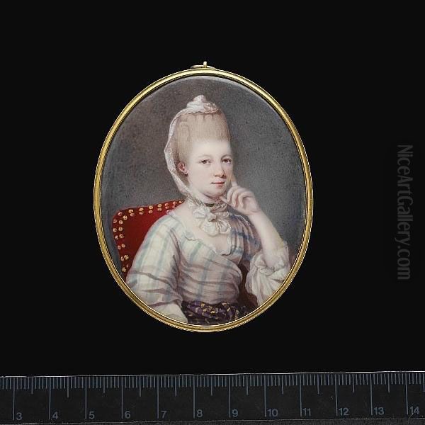 A Lady, Seated In A Red Upholstered Chair, Wearing White Dress With Green Striped White Underslip And Purple Sash Striped With Yellow, Black Ribbon Choker, Her Hair Powdered And Worn High Dressed With White Lace Tied Beneath Her Chin, Her Left Hand Raised - view 1