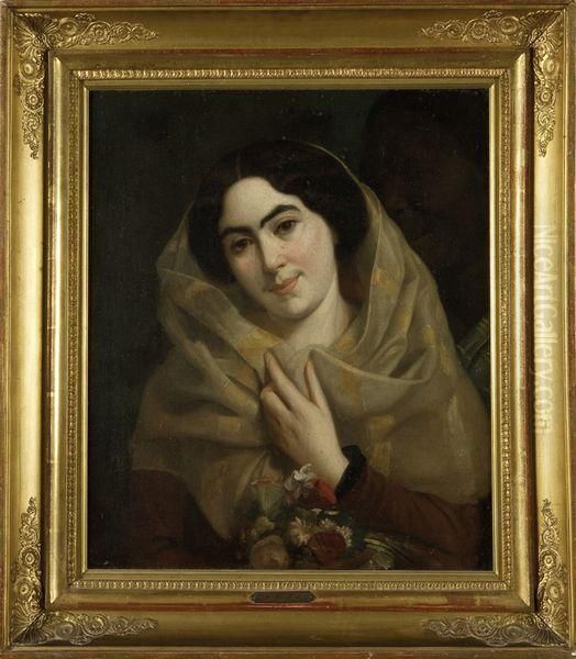 Jeune Femme Au Bouquet De Fleur Et Son Serviteur - view 1