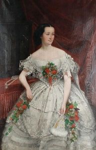 A Three-quarter Length Portrait Of A Woman Ina Lace Ballgown Applied With Flowers by Joseph Hussenot
