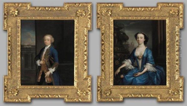 Portrait Of Matthew Lynch Of Drimcong House, County Galway; And His Wife Miss Martyn, Both Three-quarter Length, He Standing, Wearing A Blue Coat With Gilt Frogging And A Yellow Embroidered Waistcoat, She Seated Wearing A Blue Dress - view 1