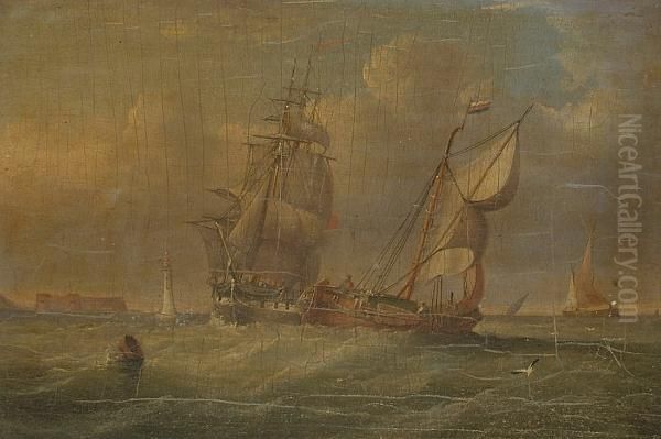 Ships Off The Perch Rock Fort And Lighthouse - view 1