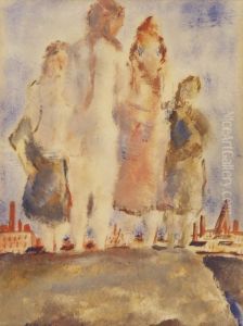 Vier Frauen Vor Stadtsilhouette by Julius Huther