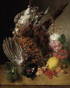 Game, Roses, A Lemon, Walnuts On A Ledge by Francois-Joseph Huygens