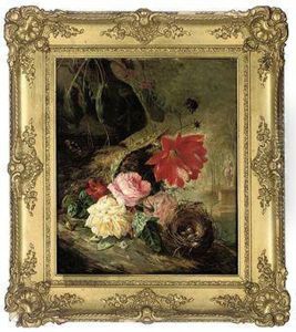 Roses, Primrose, Cactus Flower, And A Bird's Nest On A Mossy Bank,with A Classical Statue Beyond by Francois-Joseph Huygens
